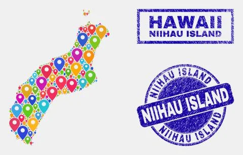 Map Pointers Collage of Niihau Island Map and Distress Stamps Stock Illustration
