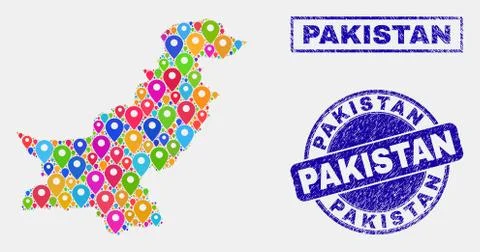 Map Pointers Collage of Pakistan Map and Distress Seals Stock Illustration