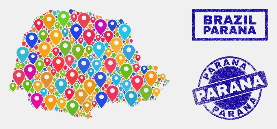 Map Pointers Collage of Parana State Map and Scratched Stamp Seals Stock Illustration