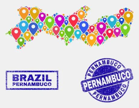 Map Pointers Collage of Pernambuco State Map and Scratched Stamp Seals Stock Illustration