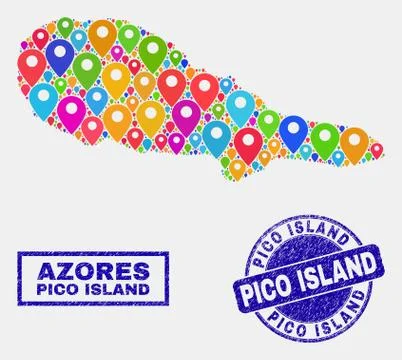 Map Pointers Collage of Pico Island Map and Distress Stamps Illustrazione stock
