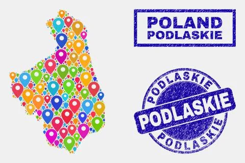 Map Pointers Collage of Podlaskie Voivodeship Map and Scratched Seals Stock Illustration