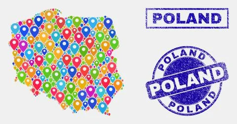 Map Pointers Collage of Poland Map and Textured Stamps イラスト素材