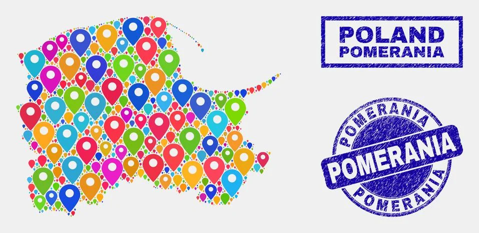 Map Pointers Collage of Pomeranian Voivodeship Map and Scratched Stamps Stock Illustration