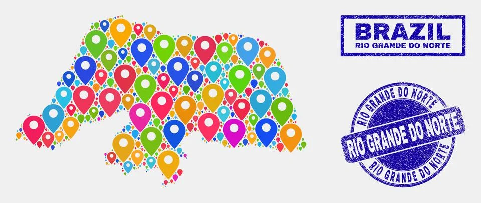 Map Pointers Collage of Rio Grande Do Norte State Map and Scratched Seals 스톡 일러스트