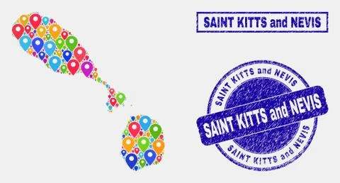 Map Pointers Collage of Saint Kitts and Nevis Map and Scratched Seals 스톡 일러스트