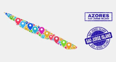 Map Pointers Collage of Sao Jorge Island Map and Textured Seals Stock Illustration