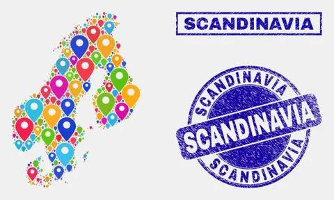 Map Pointers Collage of Scandinavia Map and Scratched Stamp Seals Illustrazione stock