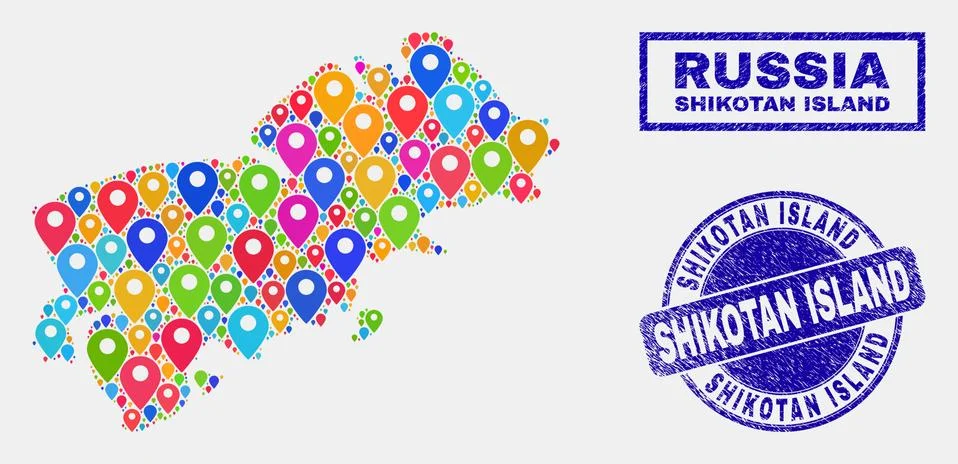 Map Pointers Collage of Shikotan Island Map and Grunge Stamp Seals 스톡 일러스트