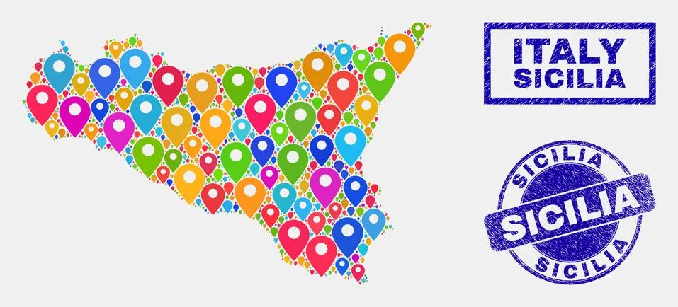 Map Pointers Collage of Sicilia Map and Distress Seals Stock Illustration