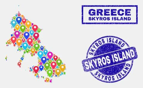 Map Pointers Collage of Skyros Island Map and Scratched Stamp Seals Stockillustratie