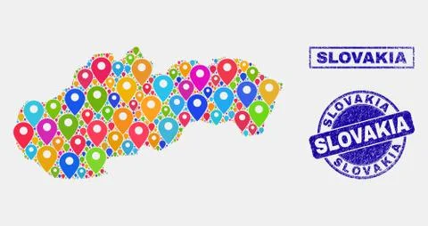 Map Pointers Collage of Slovakia Map and Grunge Stamp Seals Stock Illustration