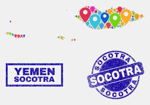 Map Pointers Collage of Socotra Archipelago Map and Scratched Stamp Seals 스톡 일러스트