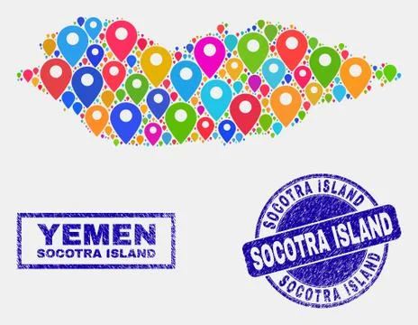 Map Pointers Collage of Socotra Island Map and Distress Stamps イラスト素材