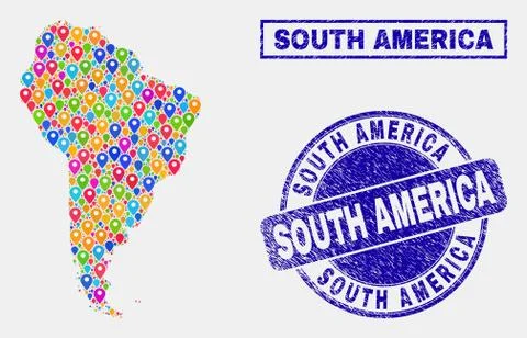 Map Pointers Collage of South America Map and Textured Stamps Stock Illustration
