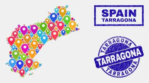 Map Pointers Collage of Tarragona Province Map and Distress Stamp Seals イラスト素材