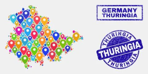 Map Pointers Collage of Thuringia Land Map and Distress Stamps Illustrazione stock