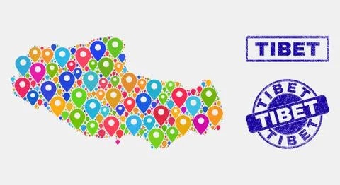 Map Pointers Collage of Tibet Map and Grunge Seals Illustrazione stock