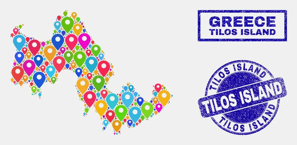 Map Pointers Collage of Tilos Island Map and Scratched Stamps Illustrazione stock