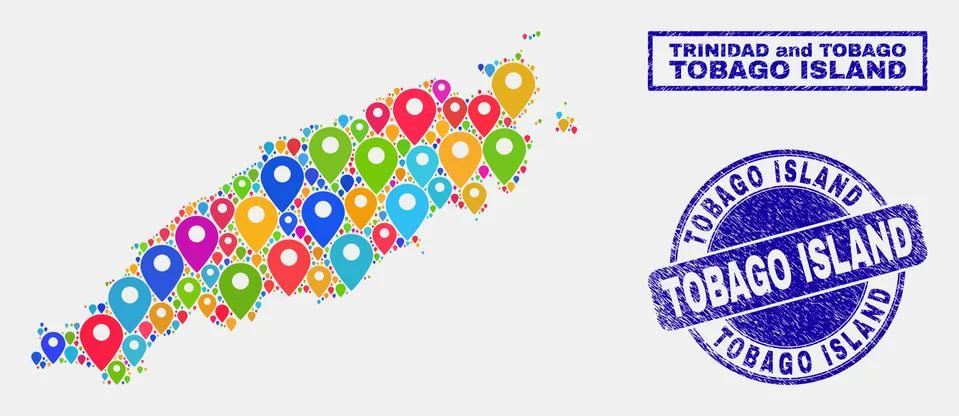 Map Pointers Collage of Tobago Island Map and Grunge Stamps 스톡 일러스트