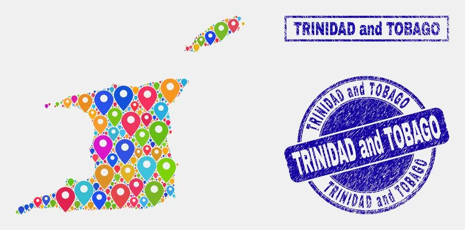 Map Pointers Collage of Trinidad and Tobago Map and Scratched Seals Stockillustratie