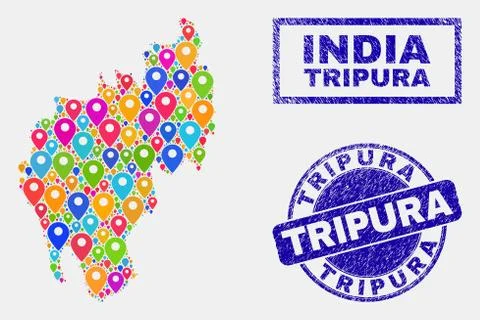 Map Pointers Collage of Tripura State Map and Scratched Stamp Seals Illustrazione stock