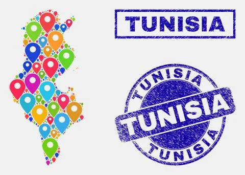 Map Pointers Collage of Tunisia Map and Grunge Seals Stock Illustration