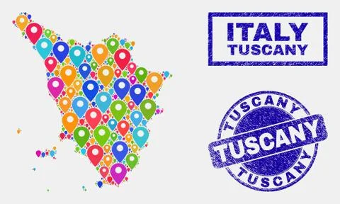 Map Pointers Collage of Tuscany Region Map and Grunge Seals Illustrazione stock