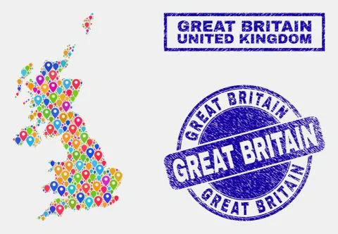 Map Pointers Collage of United Kingdom Map and Distress Stamp Seals 스톡 일러스트