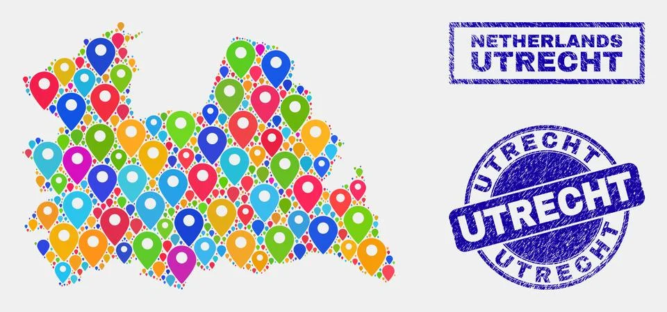 Map Pointers Collage of Utrecht Province Map and Grunge Stamps Stock Illustration