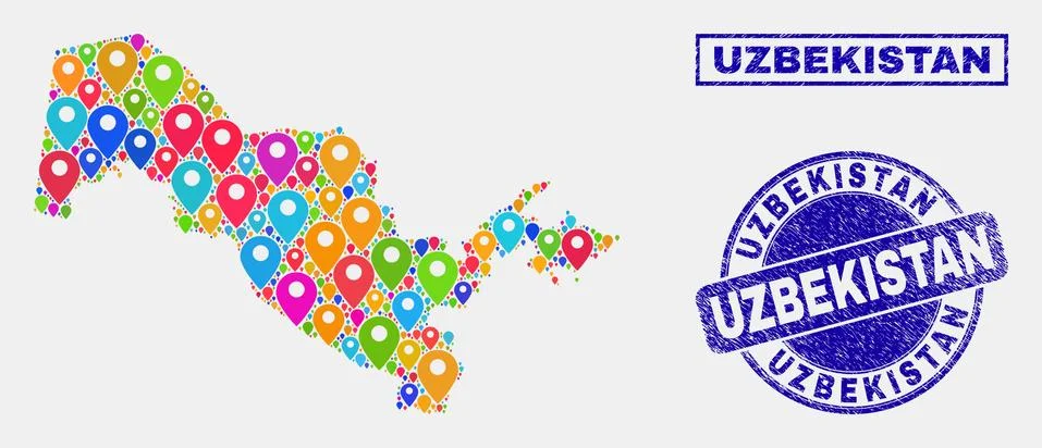 Map Pointers Collage of Uzbekistan Map and Scratched Stamp Seals Stock Illustration