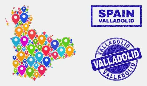 Map Pointers Collage of Valladolid Province Map and Distress Seals Stock Illustration