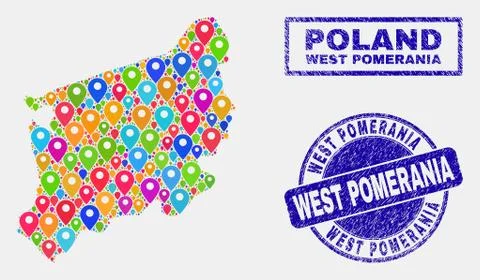 Map Pointers Collage of West Pomeranian Voivodeship Map and Distress Stamps Stock Illustration