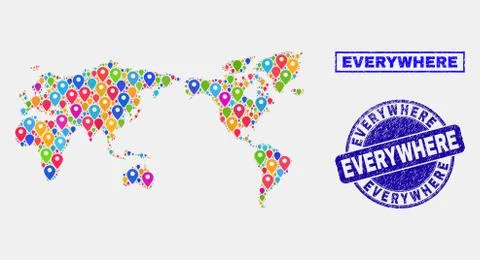 Map Pointers Collage of World Map and Textured Stamp Seals Stock Illustration