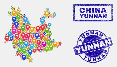 Map Pointers Collage of Yunnan Province Map and Textured Stamps Stock Illustration