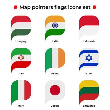 Map pointers flags icons set. Flag icon in simple rectangular pointer shape Stock Illustration