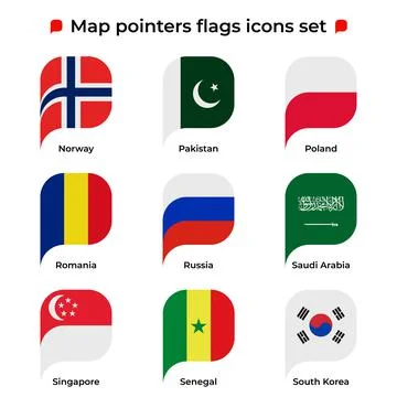 Map pointers flags icons set. Flag icon in simple rectangular pointer shape Stock Illustration