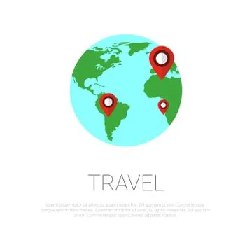 Map Pointers On Globe Over Template White Background with Copy Space Travel Ilustração Stock