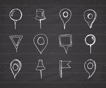Map pointers hand drawn sketch set, navigation pins doodle vector illstration 스톡 일러스트