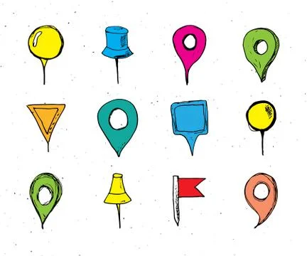 Map pointers hand drawn sketch set, navigation pins doodle vector illstration イラスト素材