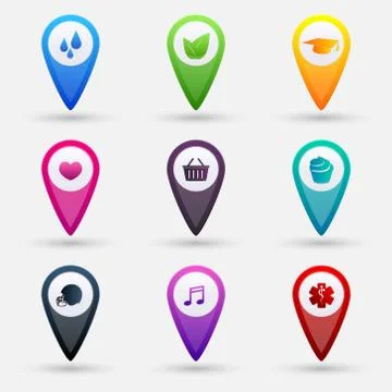 Map pointers with icons Stock Illustration