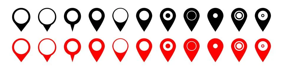 Map pointers icons set. Map marker in different shapes. Vector isolated on white Stock Illustration
