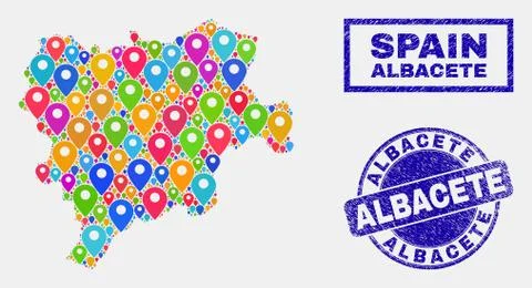 Map Pointers Mosaic of Albacete Province Map and Scratched Stamps Illustrazione stock