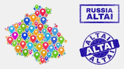Map Pointers Mosaic of Altai Republic Map and Textured Stamps 스톡 일러스트