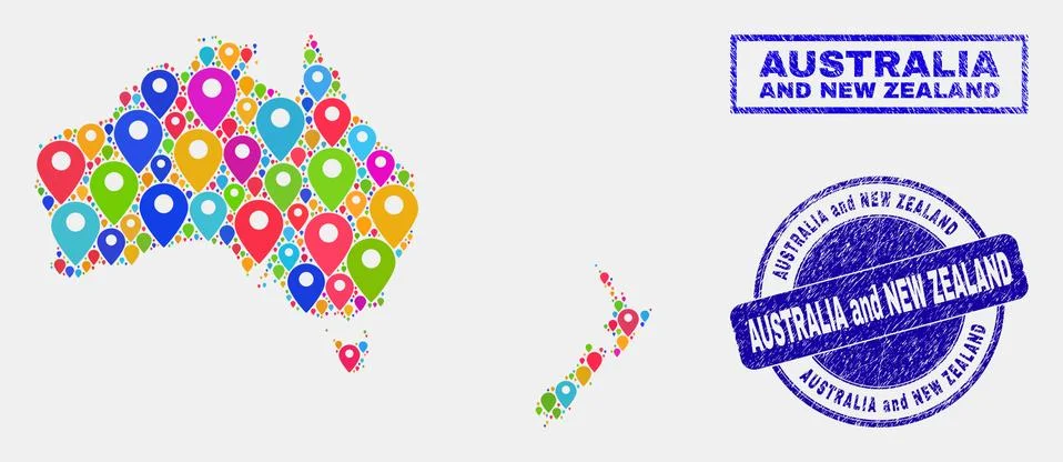 Map Pointers Mosaic of Australia and New Zealand Map and Grunge Stamps 스톡 일러스트