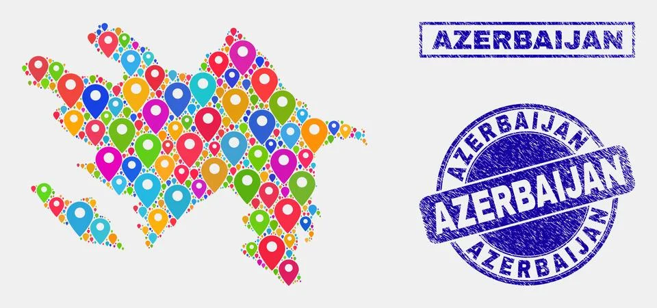 Map Pointers Mosaic of Azerbaijan Map and Grunge Stamp Seals イラスト素材