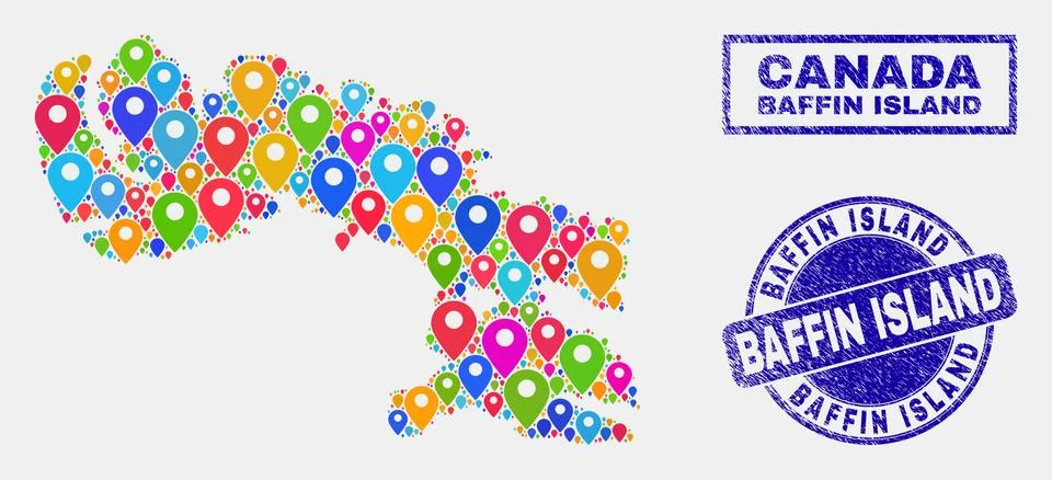 Map Pointers Mosaic of Baffin Island Map and Distress Stamp Seals 스톡 일러스트