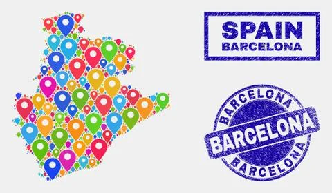 Map Pointers Mosaic of Barcelona Province Map and Textured Seals Stock Illustration