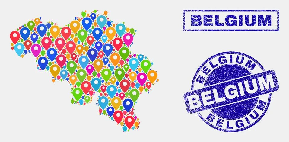 Map Pointers Mosaic of Belgium Map and Grunge Seals Stock Illustration