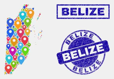 Map Pointers Mosaic of Belize Map and Scratched Stamp Seals Stock Illustration
